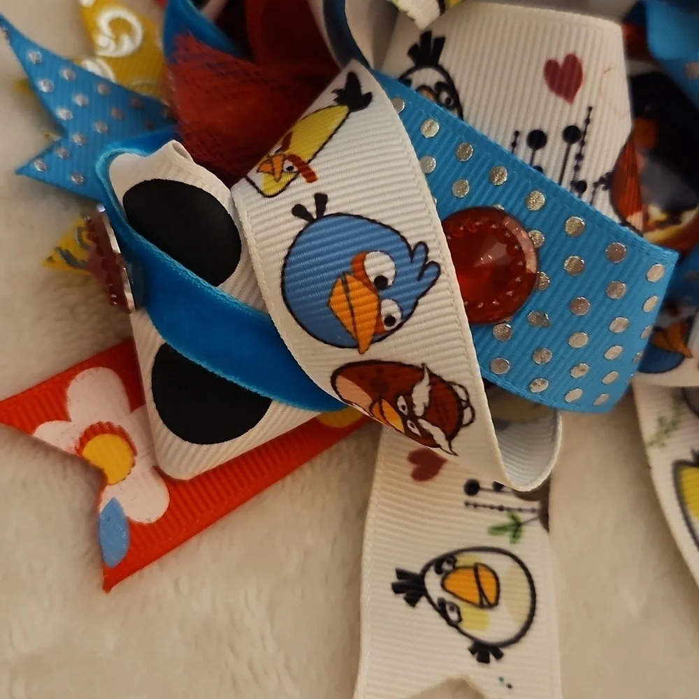 Vtg HANDMADE Large Colorful Angry Bird Cartoon Character Hair Bow Clip